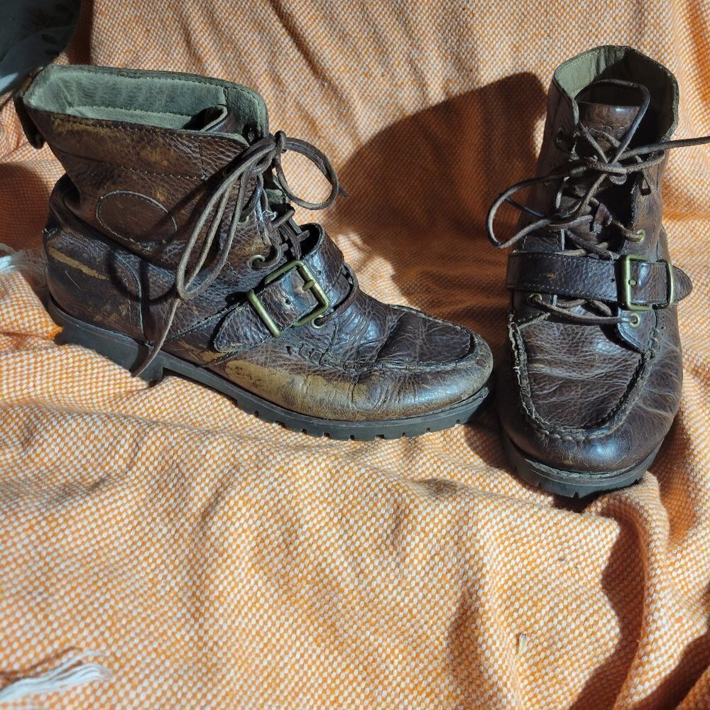 Polo By Ralph Lauren Ranger Men's Distressed Brown Leather Buckle Boots Size 7.5 - Picture 8 of 17